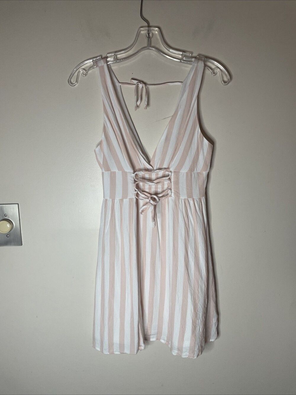Forever 21 Corset Sundress In Pink And White Stripes Mini Dress, Tie Back Size S